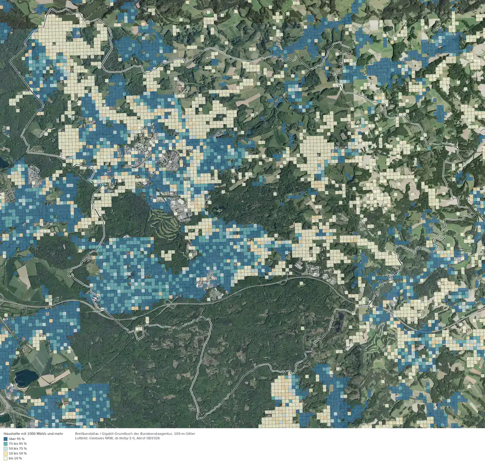 Breitbandverfügbarkeit 1000 Mbit/s im Gebiet Bergisch Gladbach