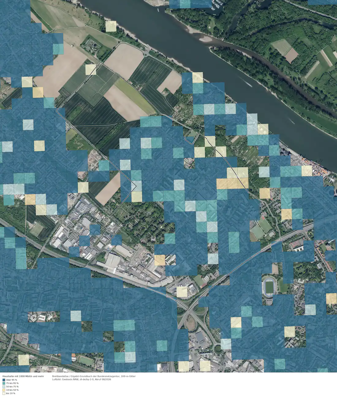 Breitbandverfügbarkeit 1000 Mbit/s im Gebiet Bonn Auerberg