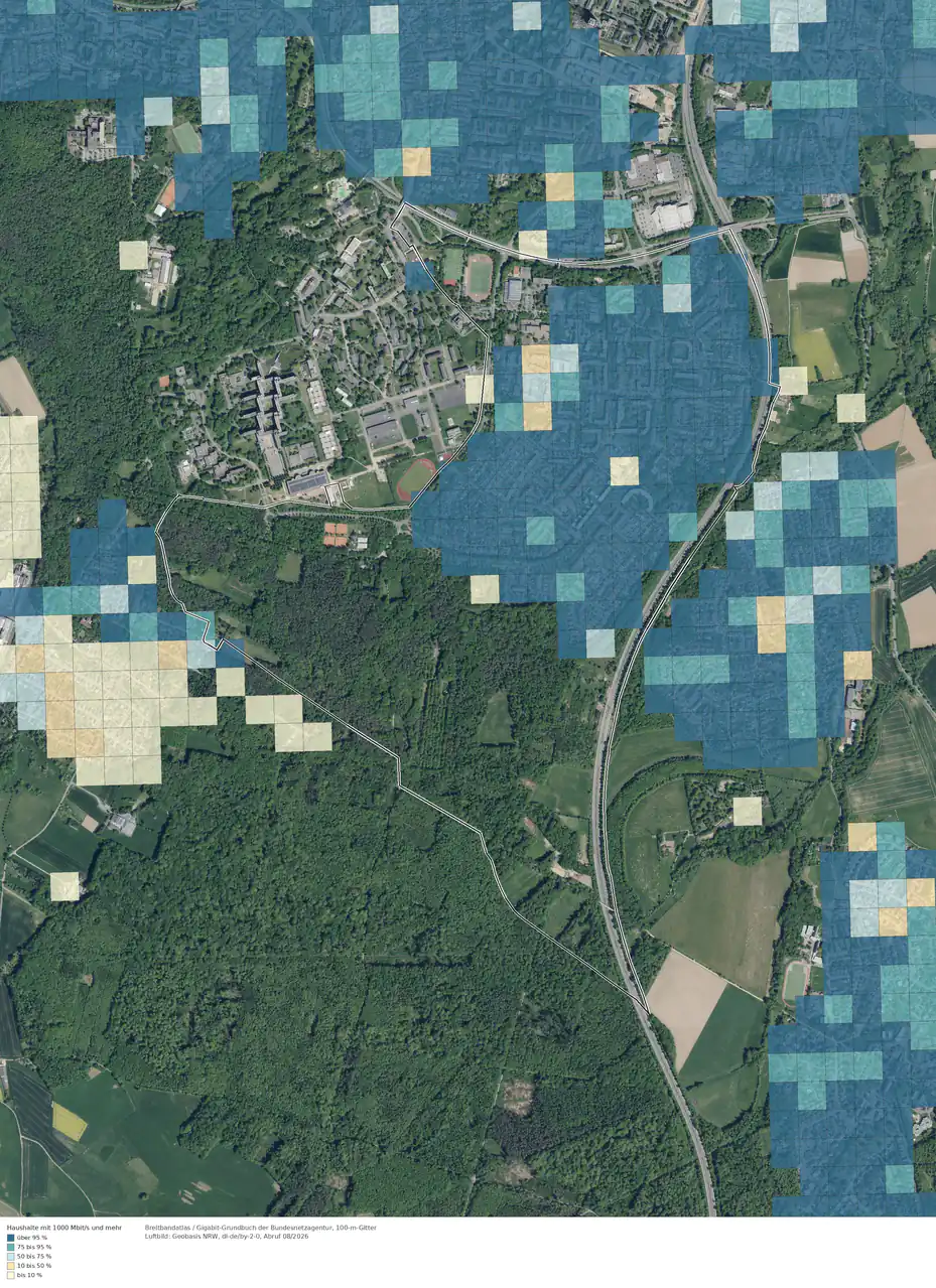 Breitbandverfügbarkeit 1000 Mbit/s im Gebiet Bonn Brüser Berg