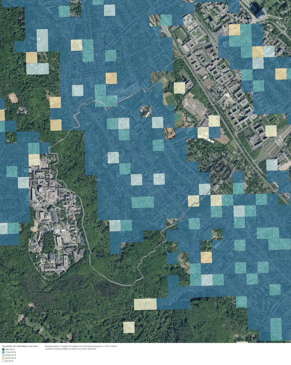 Breitbandverfügbarkeit 1000 Mbit/s im Gebiet Bonn Dottendorf