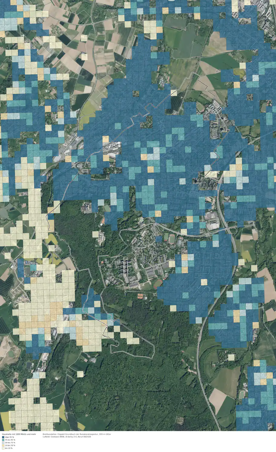 Breitbandverfügbarkeit 1000 Mbit/s im Gebiet Bonn Duisdorf