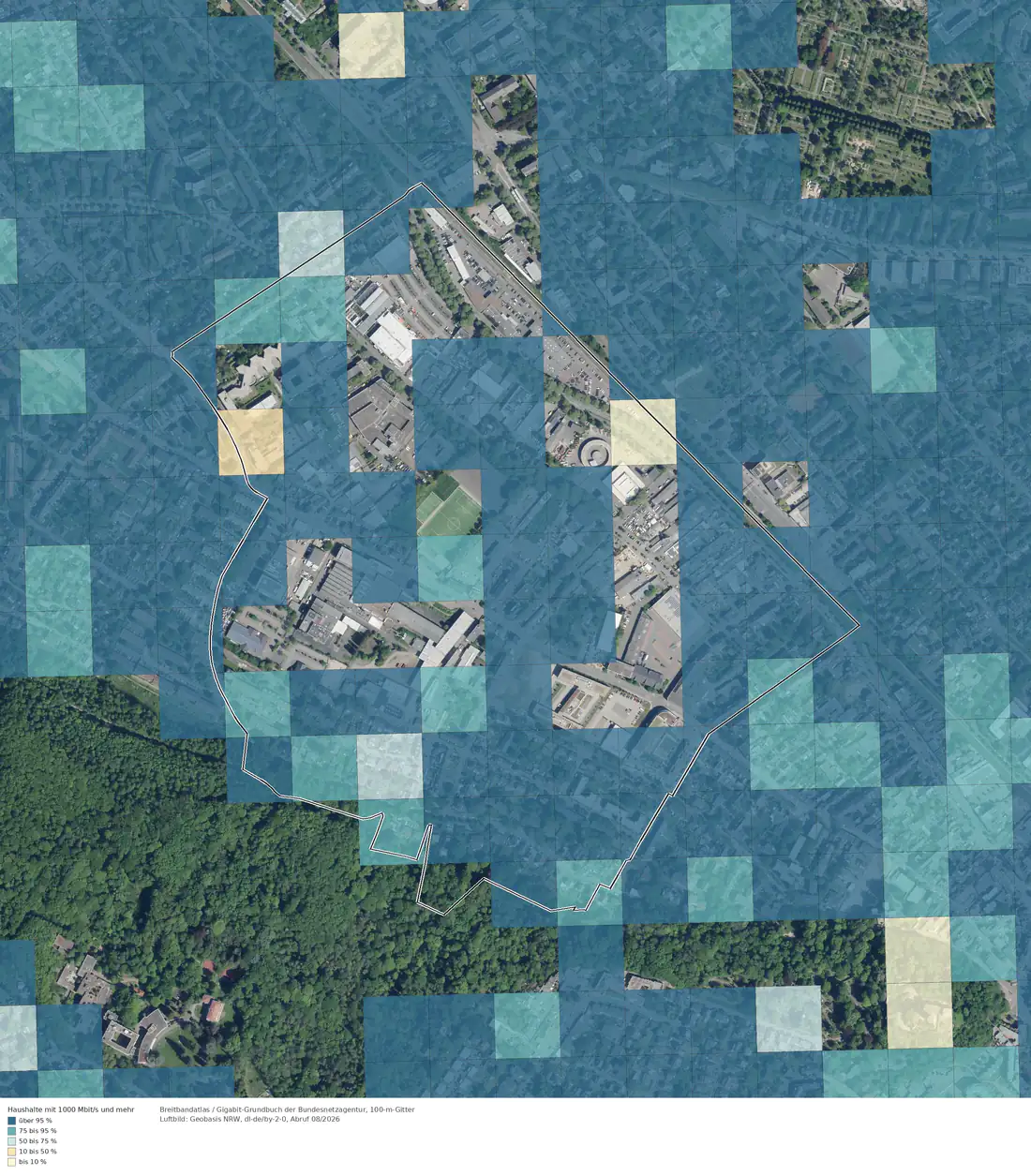 Breitbandverfügbarkeit 1000 Mbit/s im Gebiet Bonn Godesberg Nord