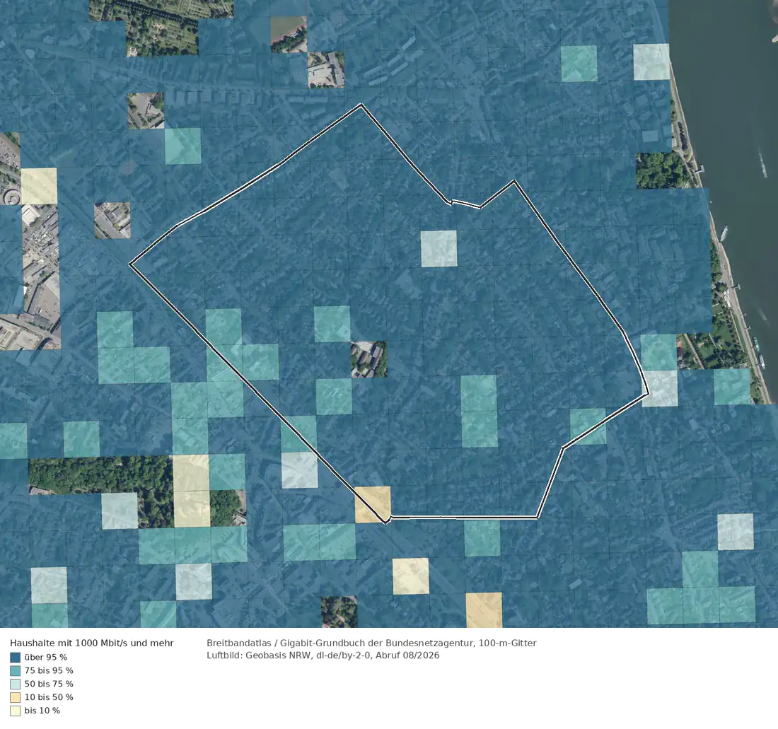 Breitbandverfügbarkeit 1000 Mbit/s im Gebiet Bonn Godesberg Villenviertel