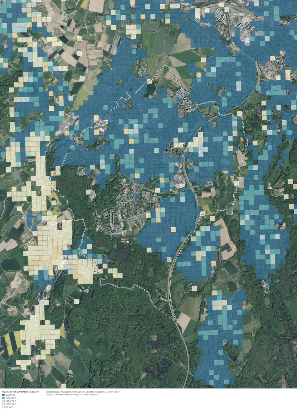 Breitbandverfügbarkeit 1000 Mbit/s im Gebiet Bonn Hardtberg