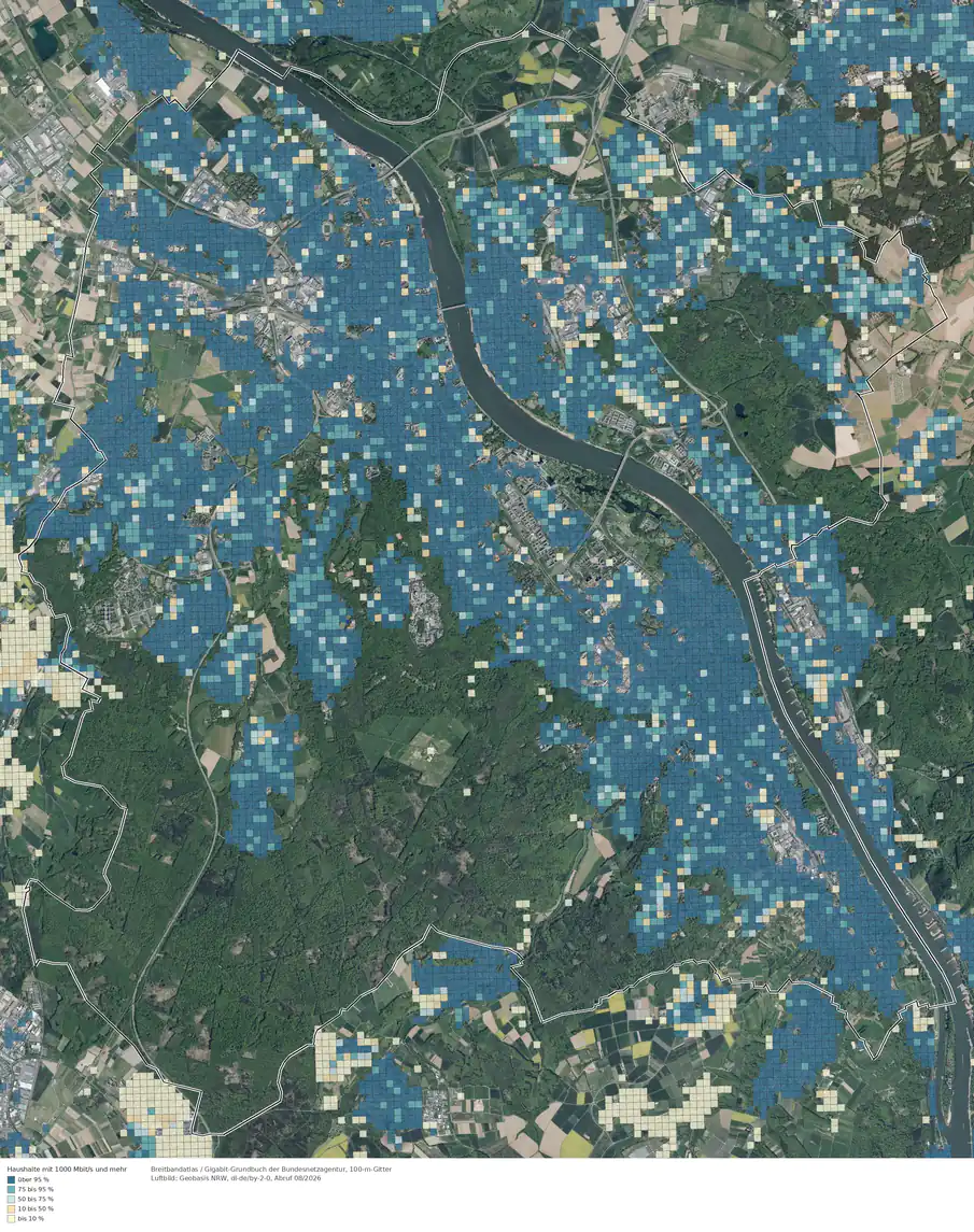 Breitbandverfügbarkeit 1000 Mbit/s im Gebiet Bonn