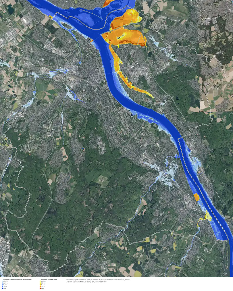 Hochwasserszenario HQ100 im Gebiet Bonn