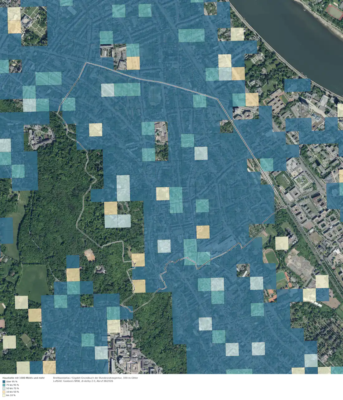 Breitbandverfügbarkeit 1000 Mbit/s im Gebiet Bonn Kessenich