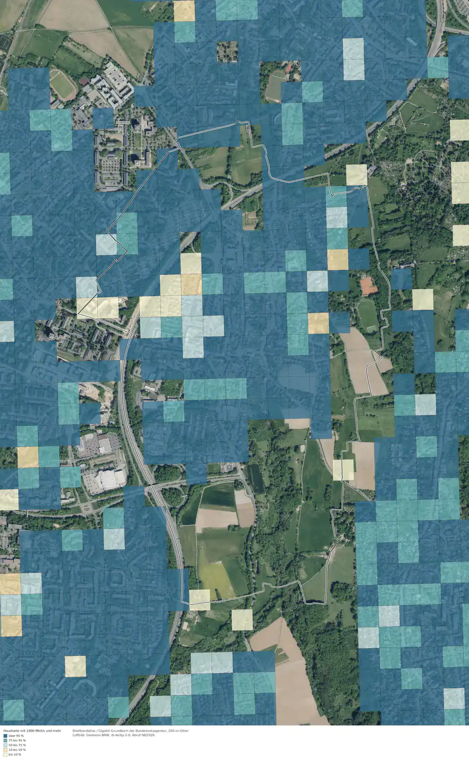 Breitbandverfügbarkeit 1000 Mbit/s im Gebiet Bonn Lengsdorf