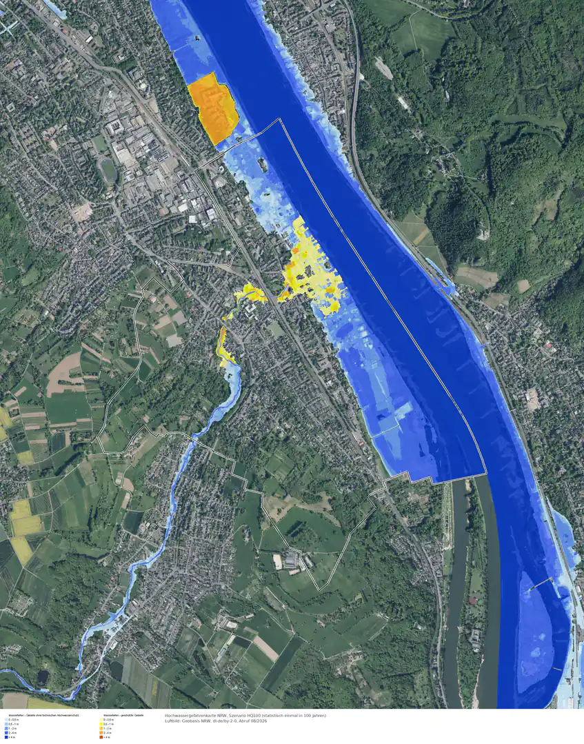 Hochwasserszenario HQ100 im Gebiet Bonn Mehlem