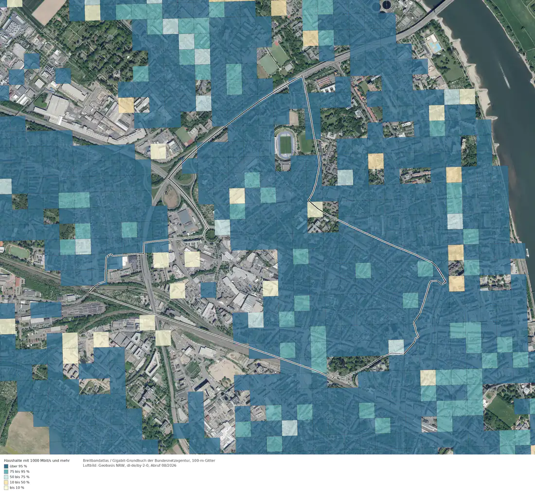 Breitbandverfügbarkeit 1000 Mbit/s im Gebiet Bonn Nordstadt