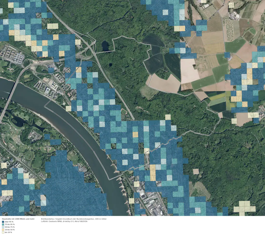 Breitbandverfügbarkeit 1000 Mbit/s im Gebiet Bonn Oberkassel