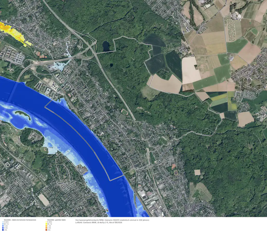 Hochwasserszenario HQ100 im Gebiet Bonn Oberkassel