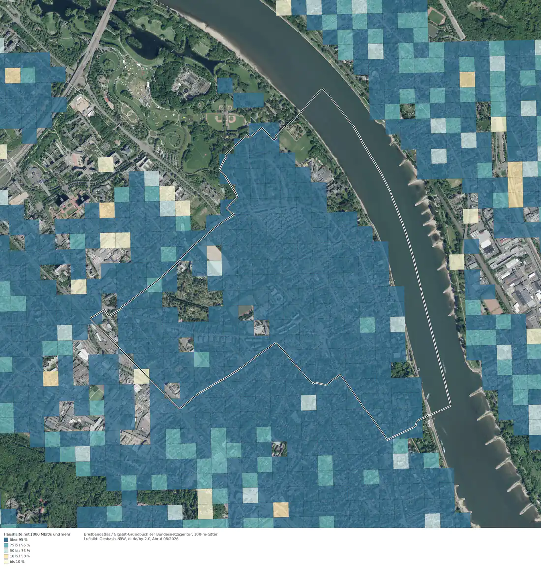 Breitbandverfügbarkeit 1000 Mbit/s im Gebiet Bonn Plittersdorf