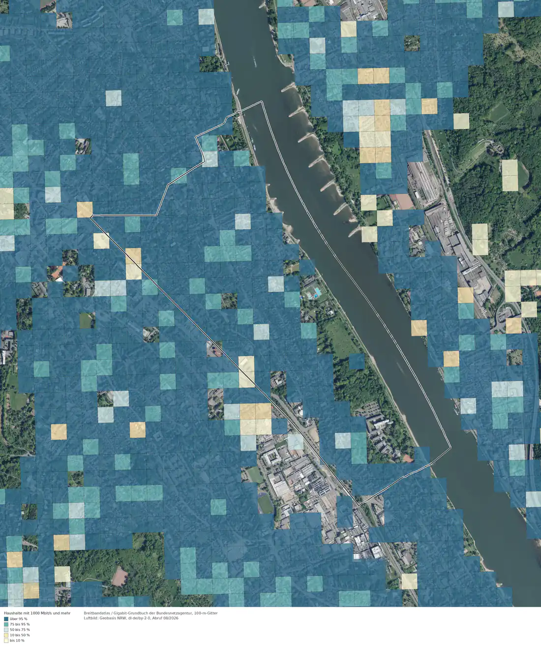 Breitbandverfügbarkeit 1000 Mbit/s im Gebiet Bonn Rüngsdorf
