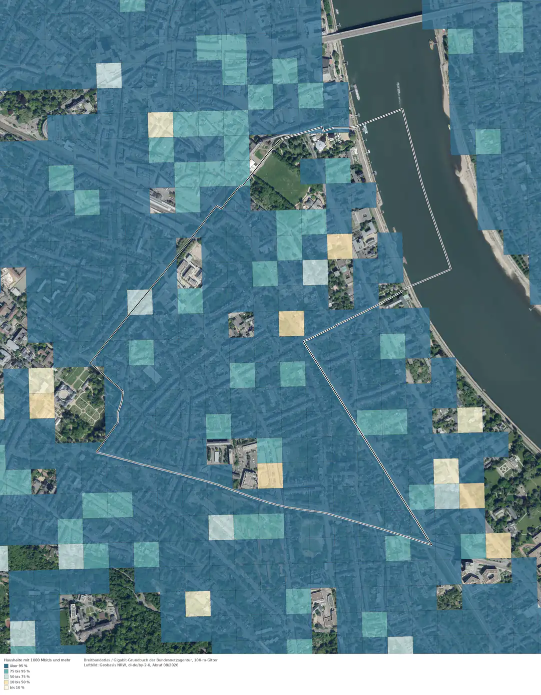 Breitbandverfügbarkeit 1000 Mbit/s im Gebiet Bonn Südstadt