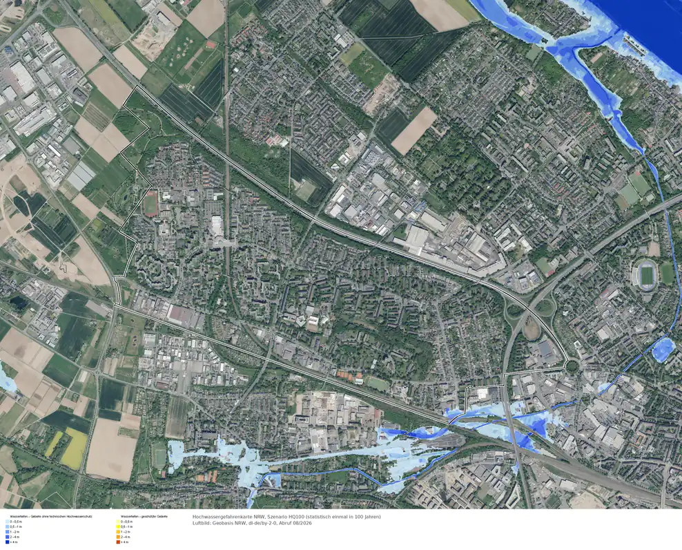 Hochwasserszenario HQ100 im Gebiet Bonn Tannenbusch