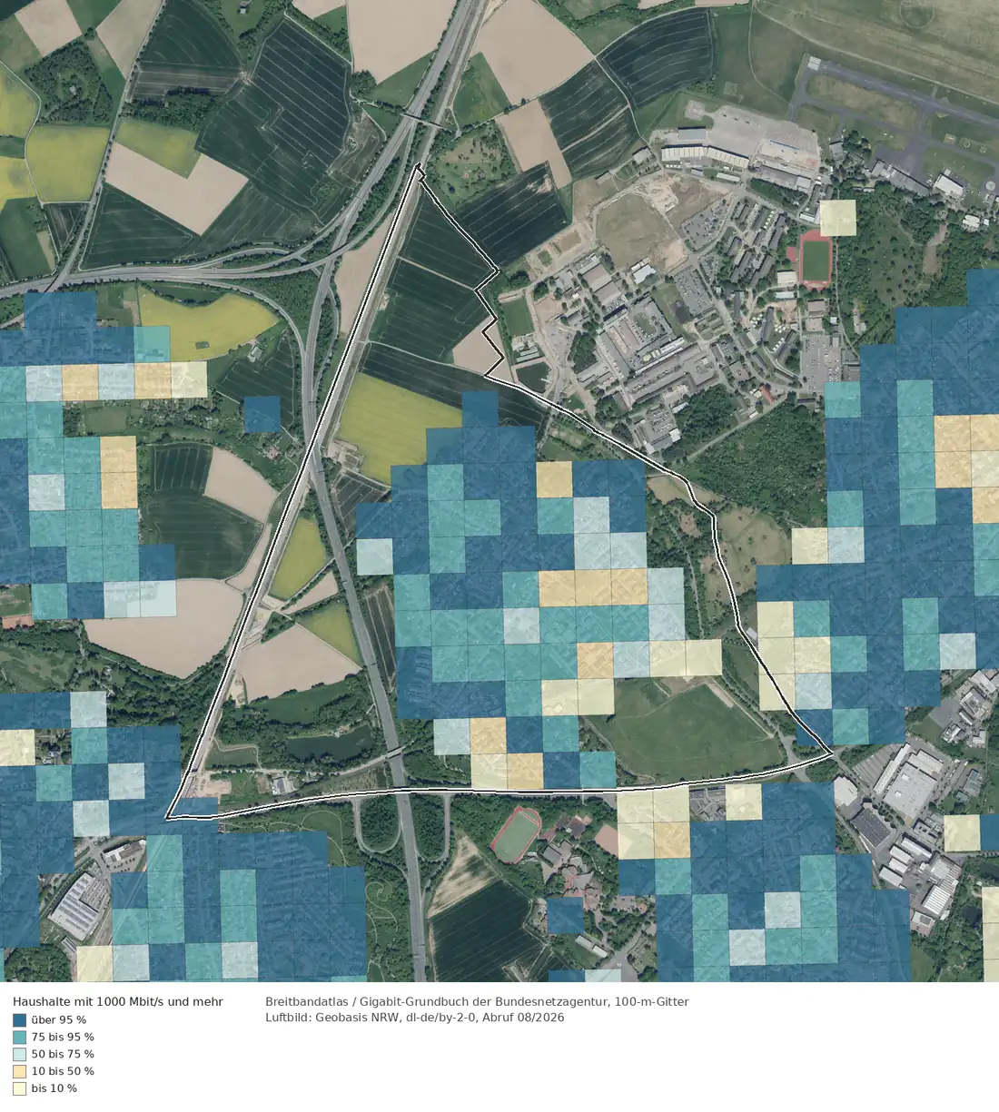 Breitbandverfügbarkeit 1000 Mbit/s im Gebiet Bonn Vilich Müldorf