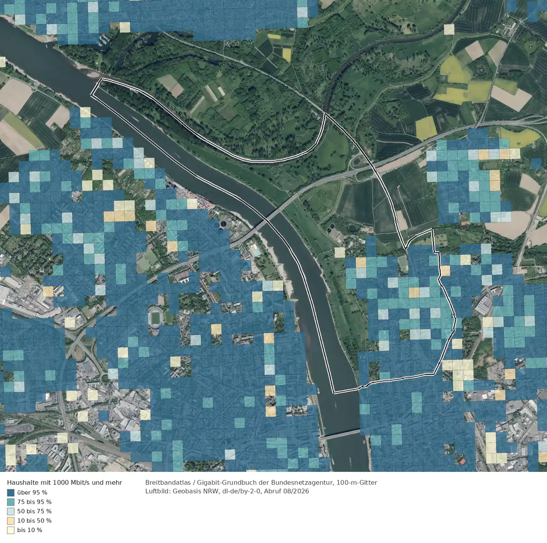Breitbandverfügbarkeit 1000 Mbit/s im Gebiet Bonn Vilich Rheindorf