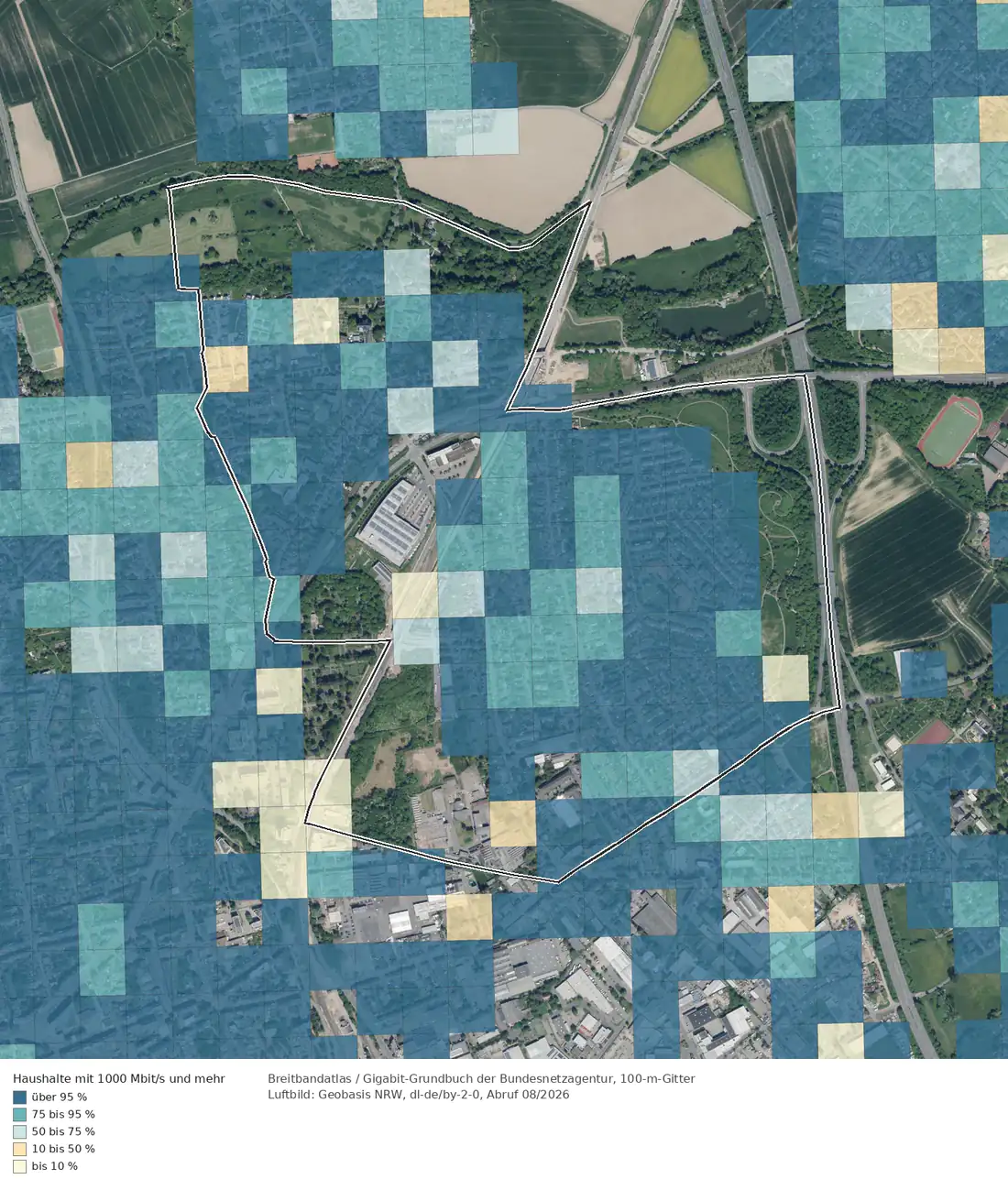 Breitbandverfügbarkeit 1000 Mbit/s im Gebiet Bonn Vilich