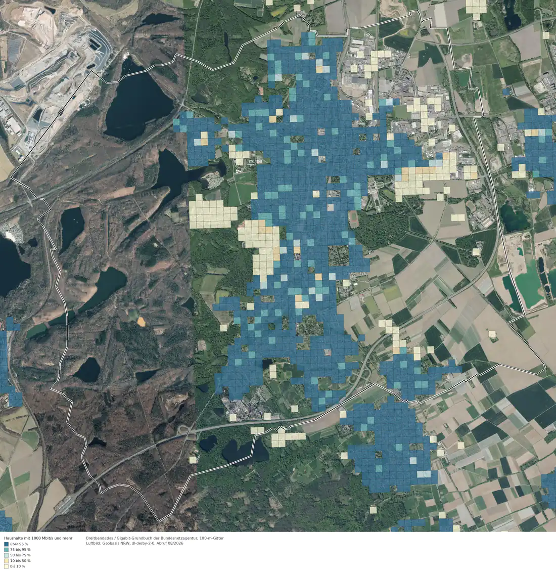 Breitbandverfügbarkeit 1000 Mbit/s im Gebiet Brühl