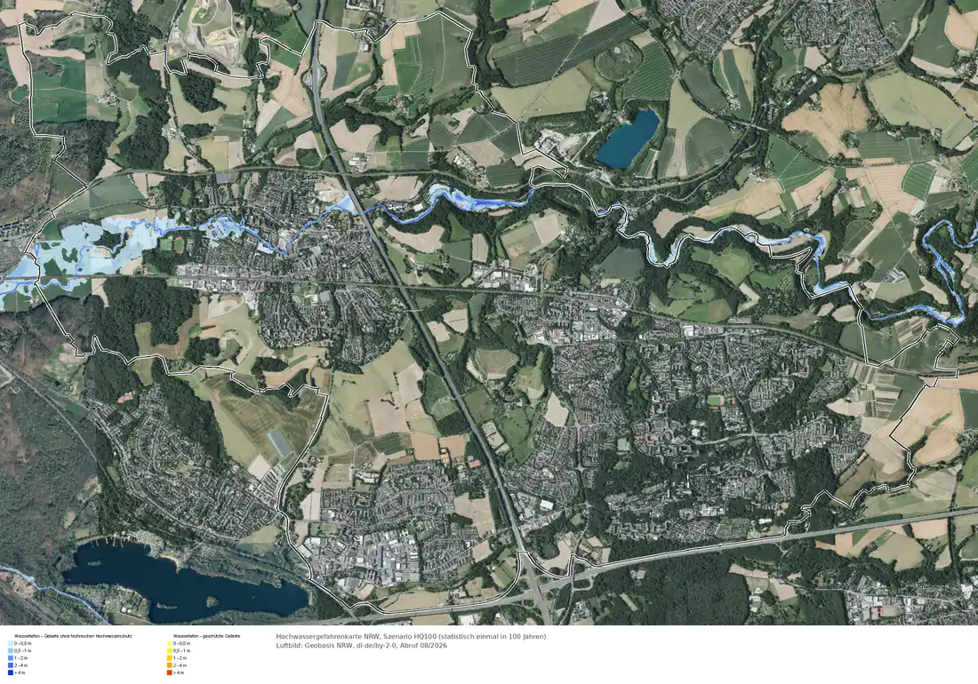 Hochwasserszenario HQ100 im Gebiet Erkrath