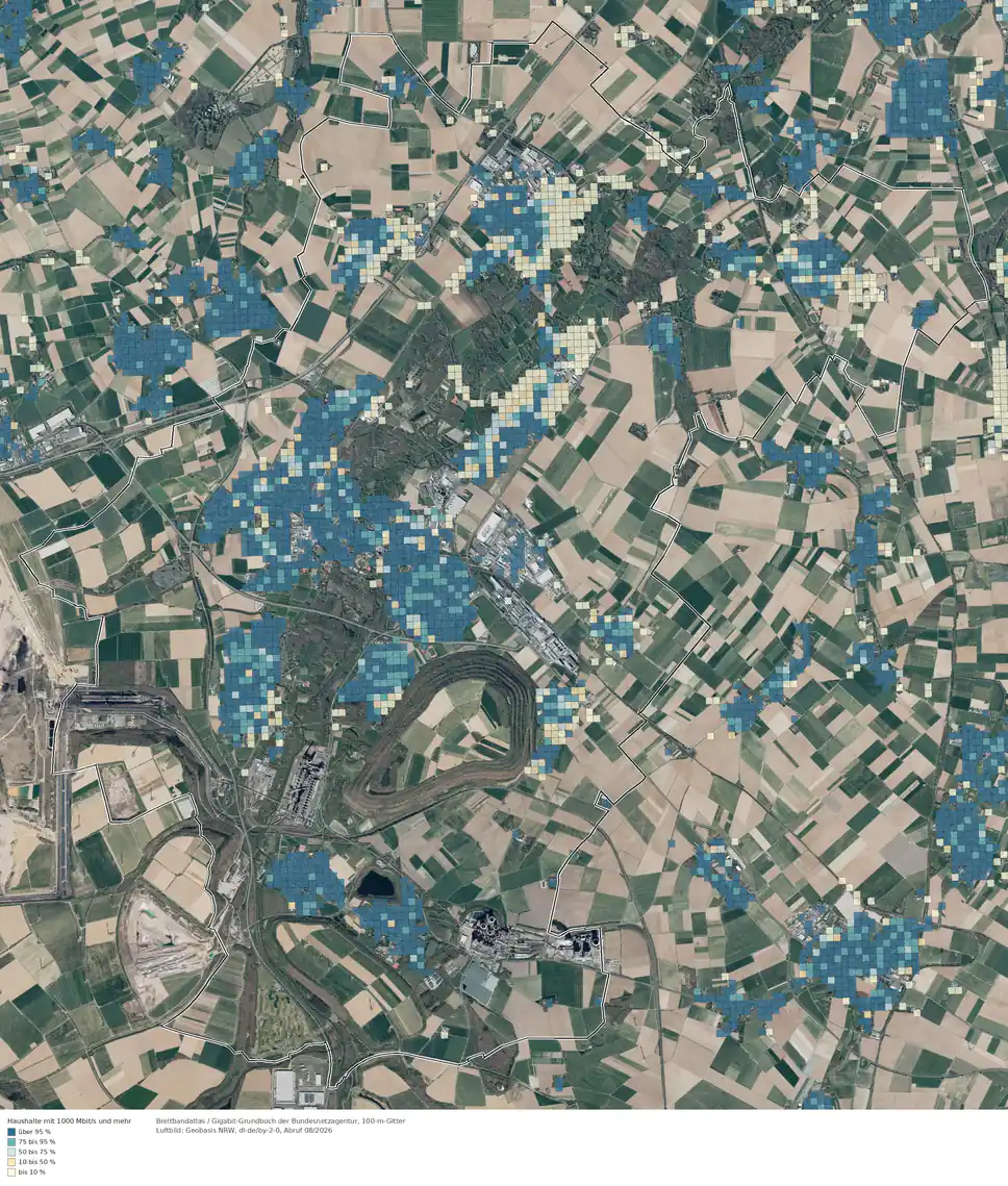 Breitbandverfügbarkeit 1000 Mbit/s im Gebiet Grevenbroich