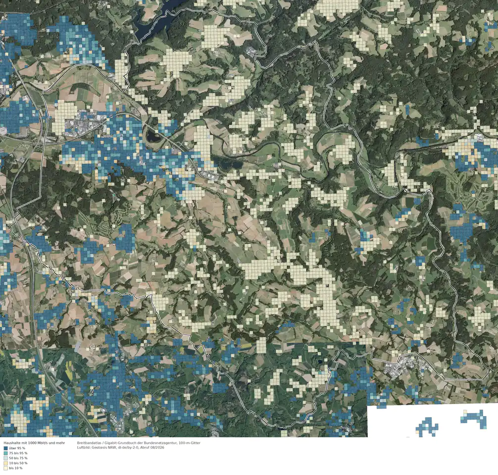 Breitbandverfügbarkeit 1000 Mbit/s im Gebiet Hennef