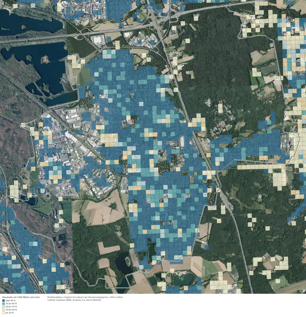 Breitbandverfügbarkeit 1000 Mbit/s im Gebiet Hilden