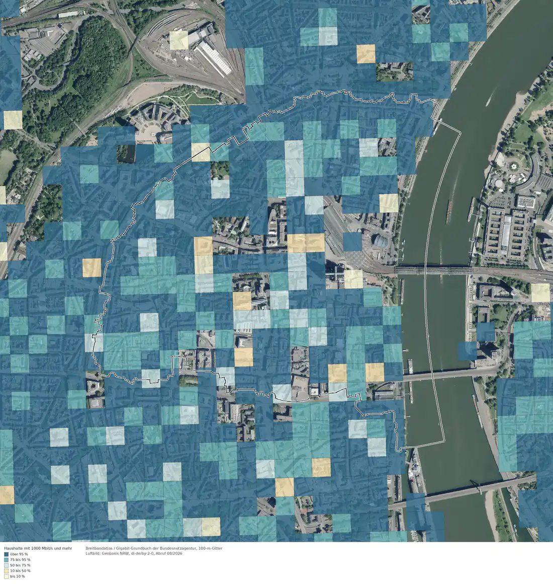 Breitbandverfügbarkeit 1000 Mbit/s im Gebiet Köln Altstadt-Nord