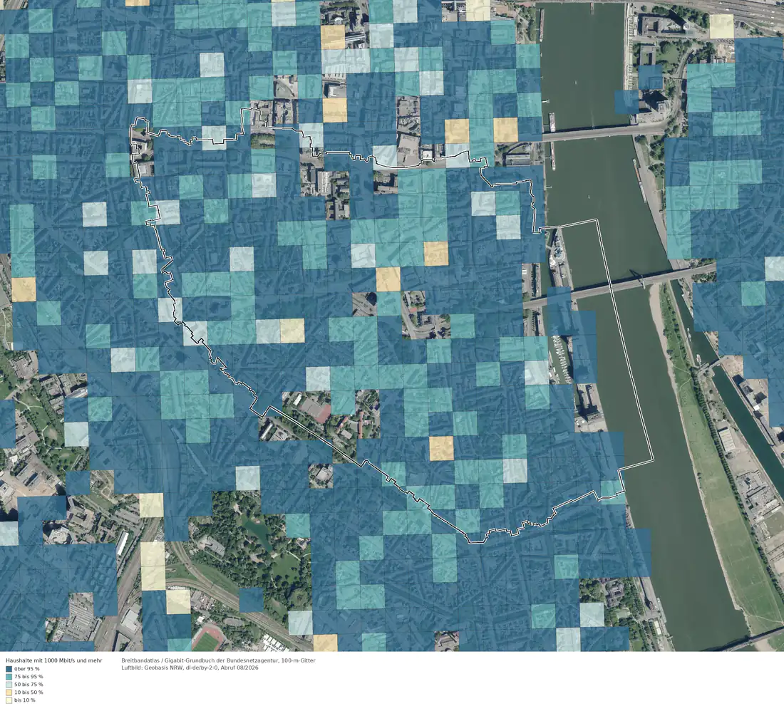 Breitbandverfügbarkeit 1000 Mbit/s im Gebiet Köln Altstadt-Süd