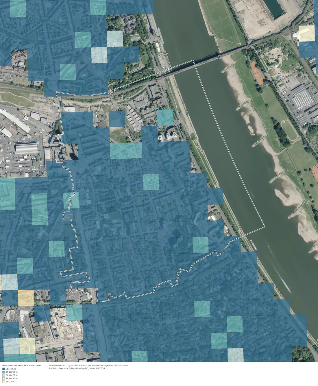 Breitbandverfügbarkeit 1000 Mbit/s im Gebiet Köln Bayenthal