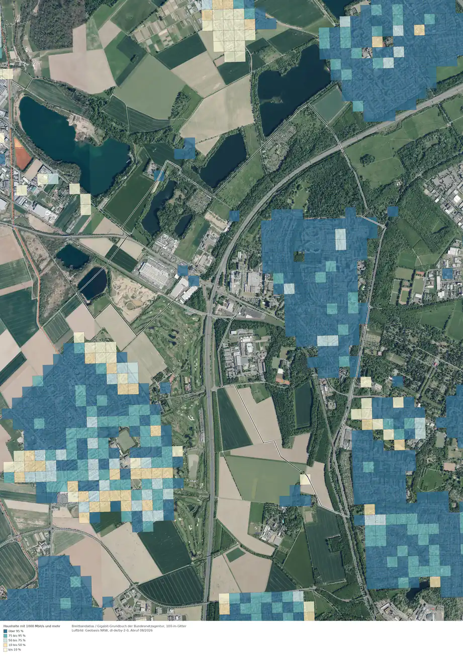 Breitbandverfügbarkeit 1000 Mbit/s im Gebiet Köln Bocklemünd/Mengenich