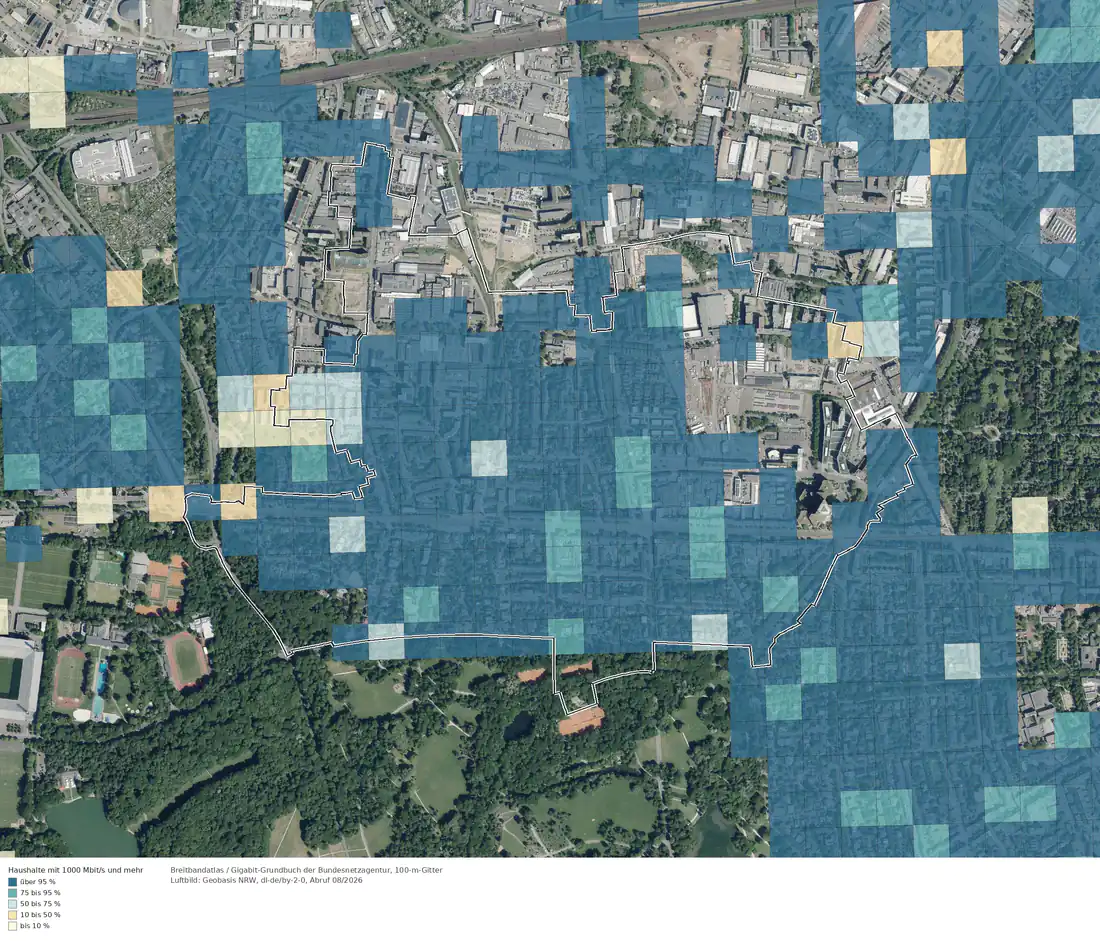 Breitbandverfügbarkeit 1000 Mbit/s im Gebiet Köln Braunsfeld