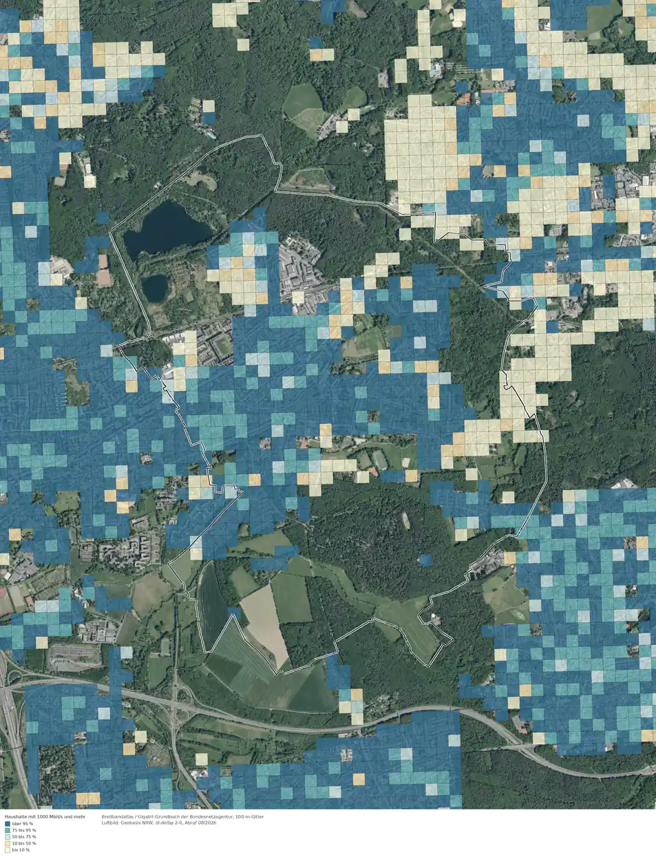 Breitbandverfügbarkeit 1000 Mbit/s im Gebiet Köln Dellbrück