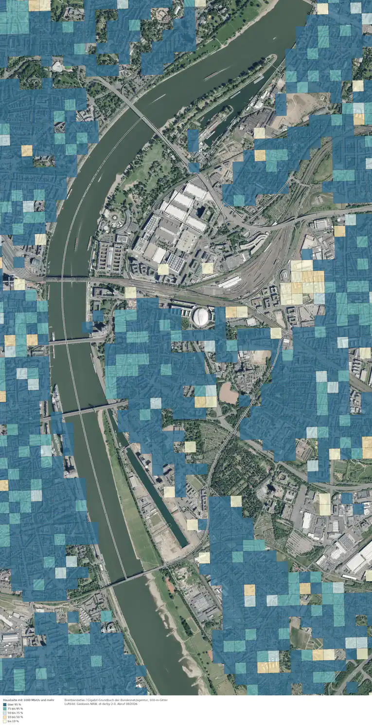 Breitbandverfügbarkeit 1000 Mbit/s im Gebiet Köln Deutz