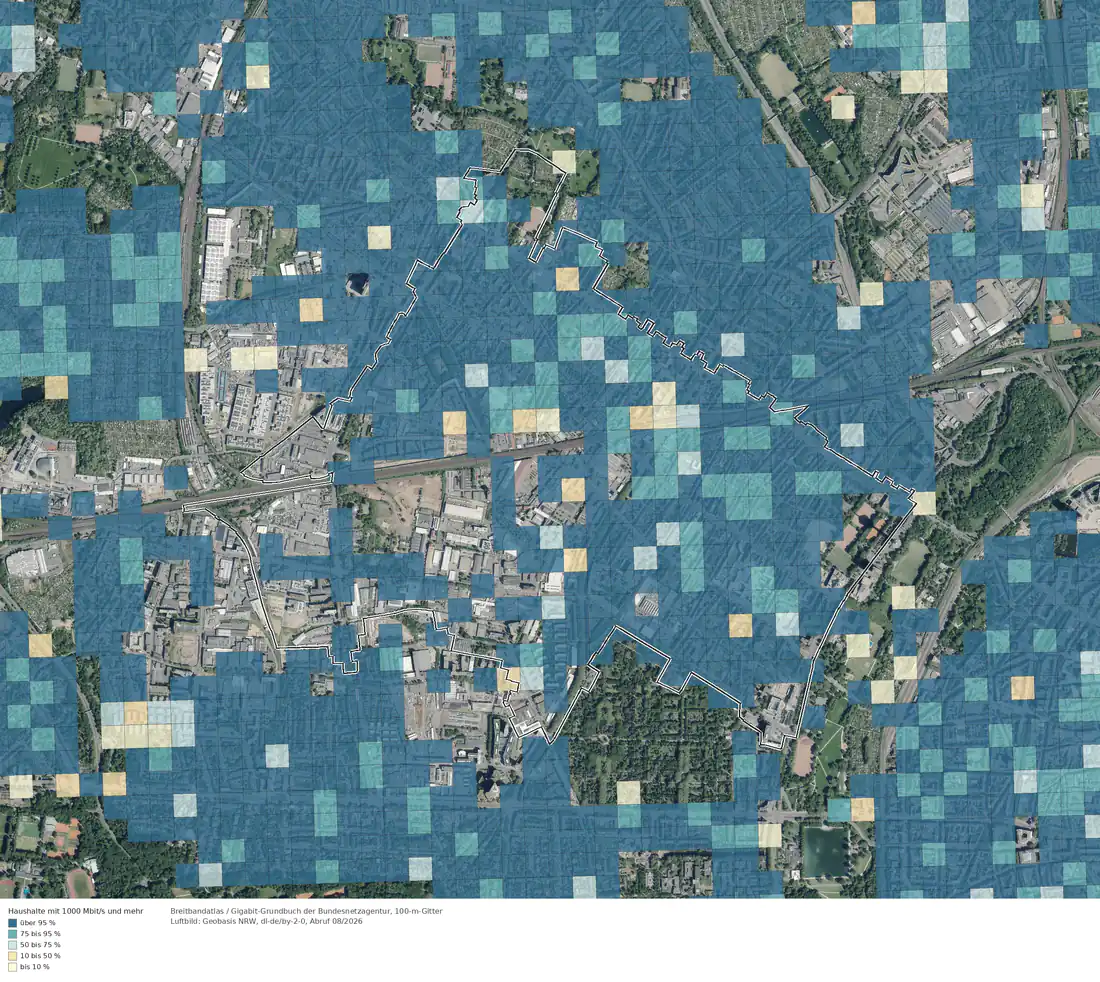 Breitbandverfügbarkeit 1000 Mbit/s im Gebiet Köln Ehrenfeld