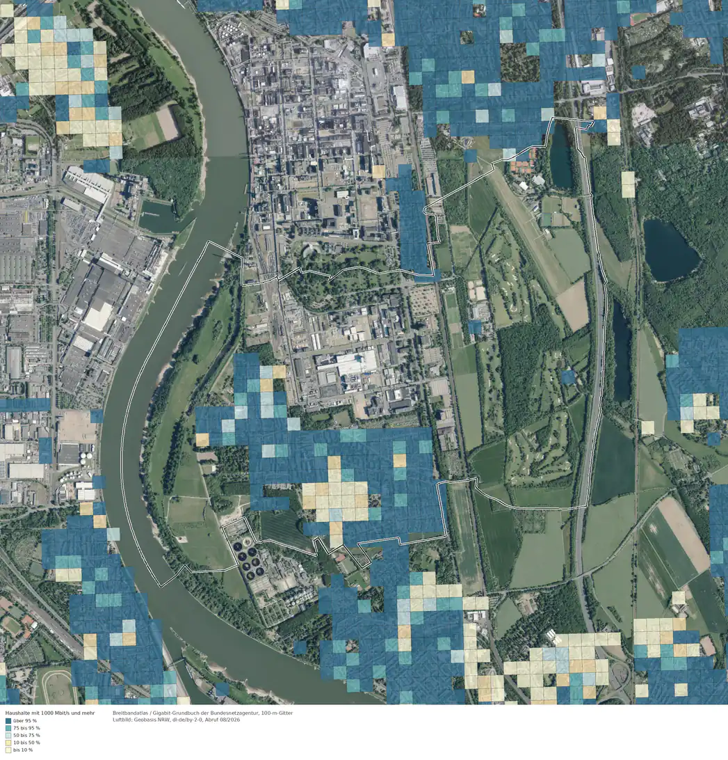 Breitbandverfügbarkeit 1000 Mbit/s im Gebiet Köln Flittard