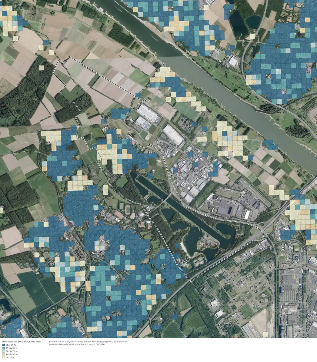 Breitbandverfügbarkeit 1000 Mbit/s im Gebiet Köln Fühlingen