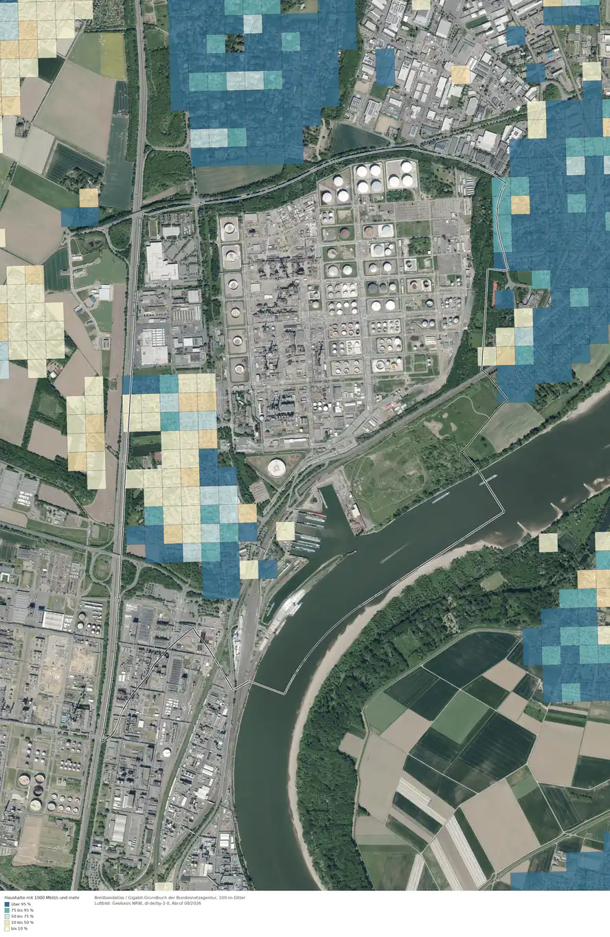 Breitbandverfügbarkeit 1000 Mbit/s im Gebiet Köln Godorf