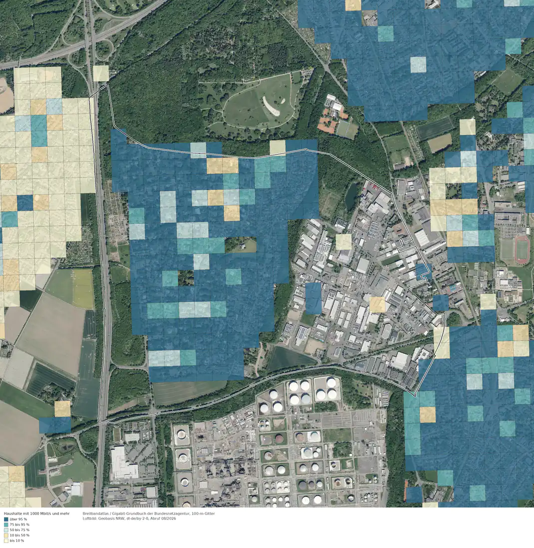 Breitbandverfügbarkeit 1000 Mbit/s im Gebiet Köln Hahnwald