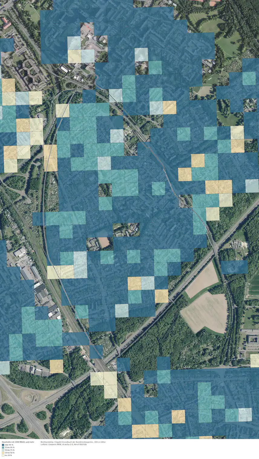 Breitbandverfügbarkeit 1000 Mbit/s im Gebiet Köln Heimersdorf