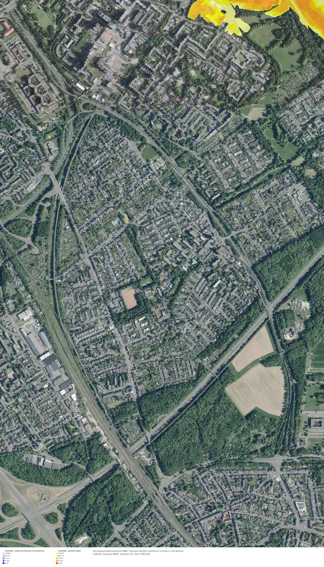 Hochwasserszenario HQ100 im Gebiet Köln Heimersdorf