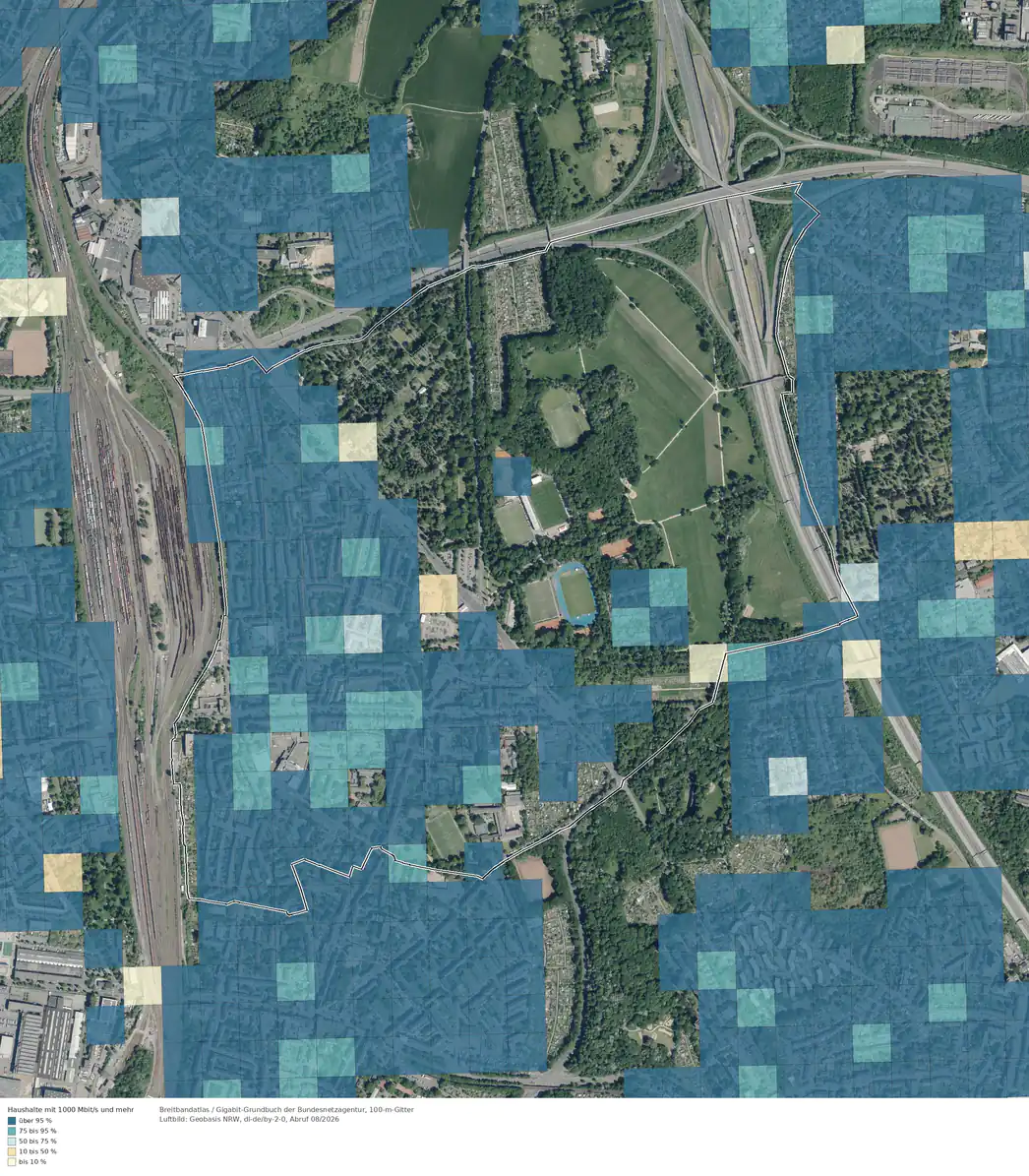 Breitbandverfügbarkeit 1000 Mbit/s im Gebiet Köln Höhenberg
