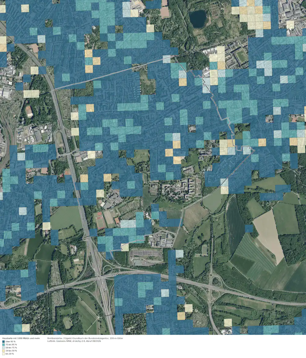 Breitbandverfügbarkeit 1000 Mbit/s im Gebiet Köln Holweide