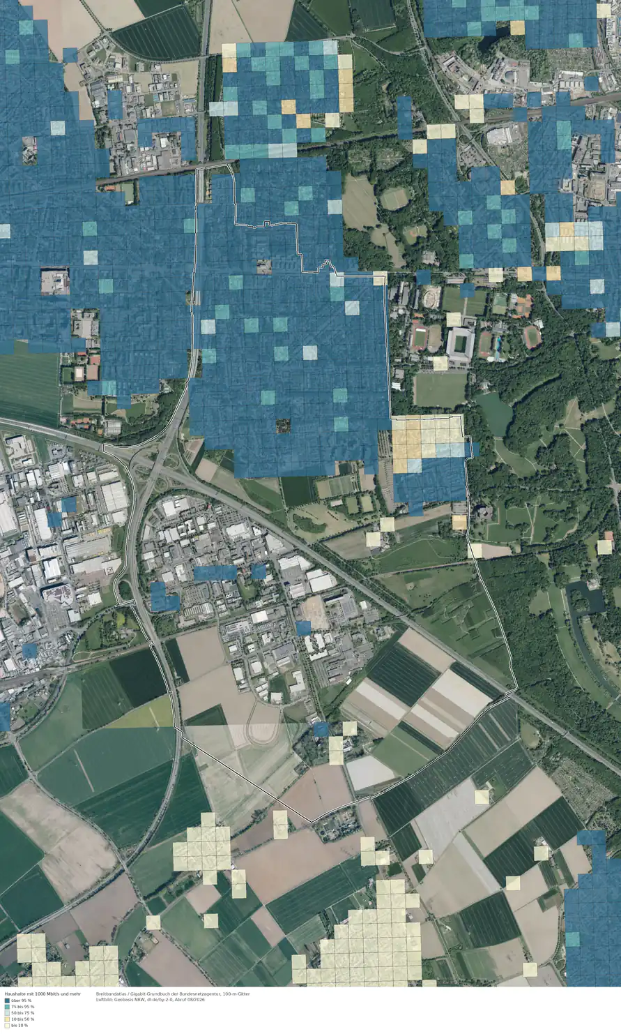 Breitbandverfügbarkeit 1000 Mbit/s im Gebiet Köln Junkersdorf