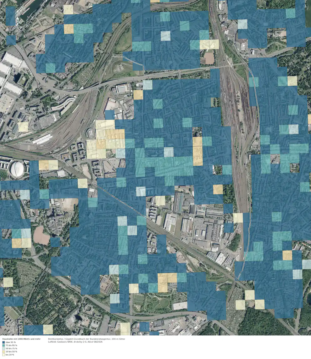 Breitbandverfügbarkeit 1000 Mbit/s im Gebiet Köln Kalk