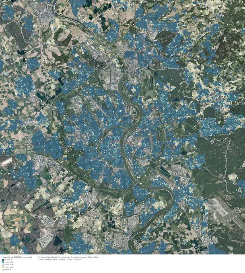 Breitbandverfügbarkeit 1000 Mbit/s im Gebiet Köln