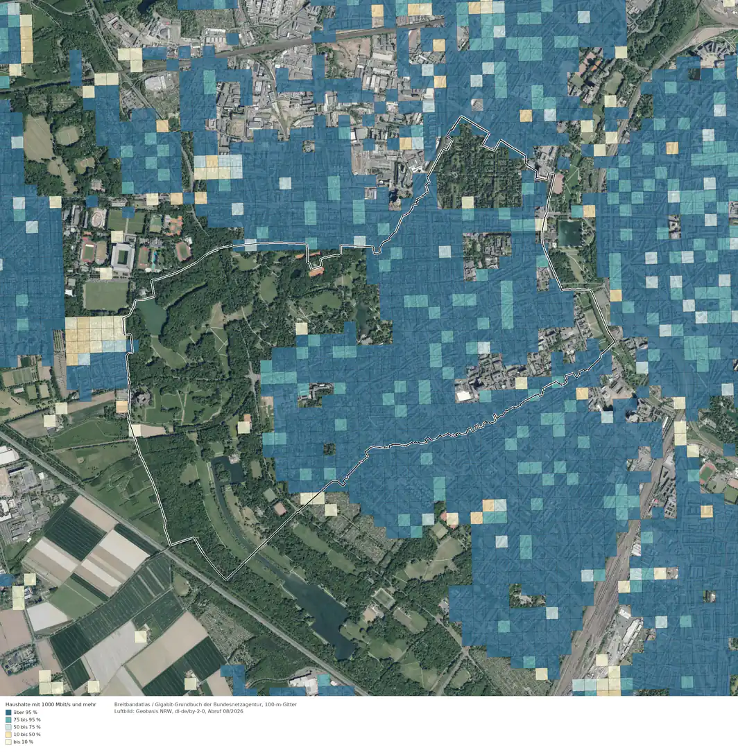 Breitbandverfügbarkeit 1000 Mbit/s im Gebiet Köln Lindenthal