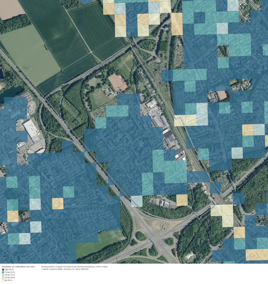 Breitbandverfügbarkeit 1000 Mbit/s im Gebiet Köln Lindweiler