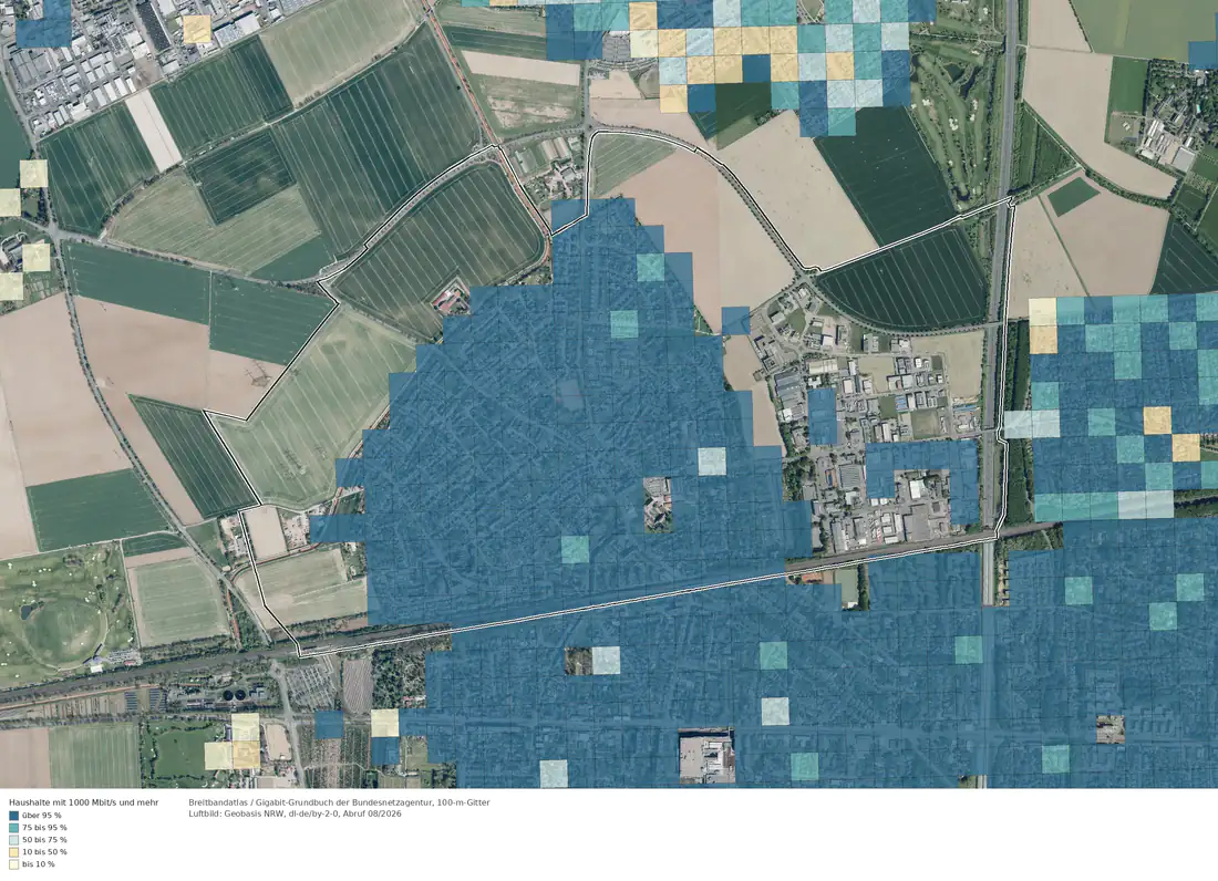 Breitbandverfügbarkeit 1000 Mbit/s im Gebiet Köln Lövenich
